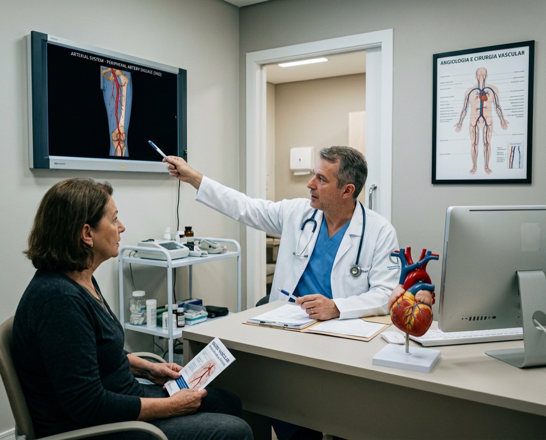 Angiologista explicando o diagnóstico à paciente durante a consulta