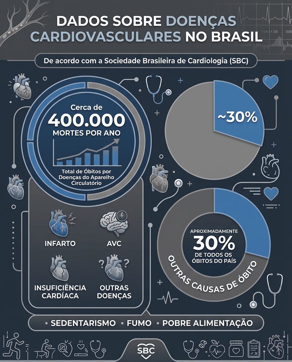 Infográfico: cerca de 400 mil mortes por ano por doenças cardiovasculares no Brasil, aproximadamente 30% de todos os óbitos do país
