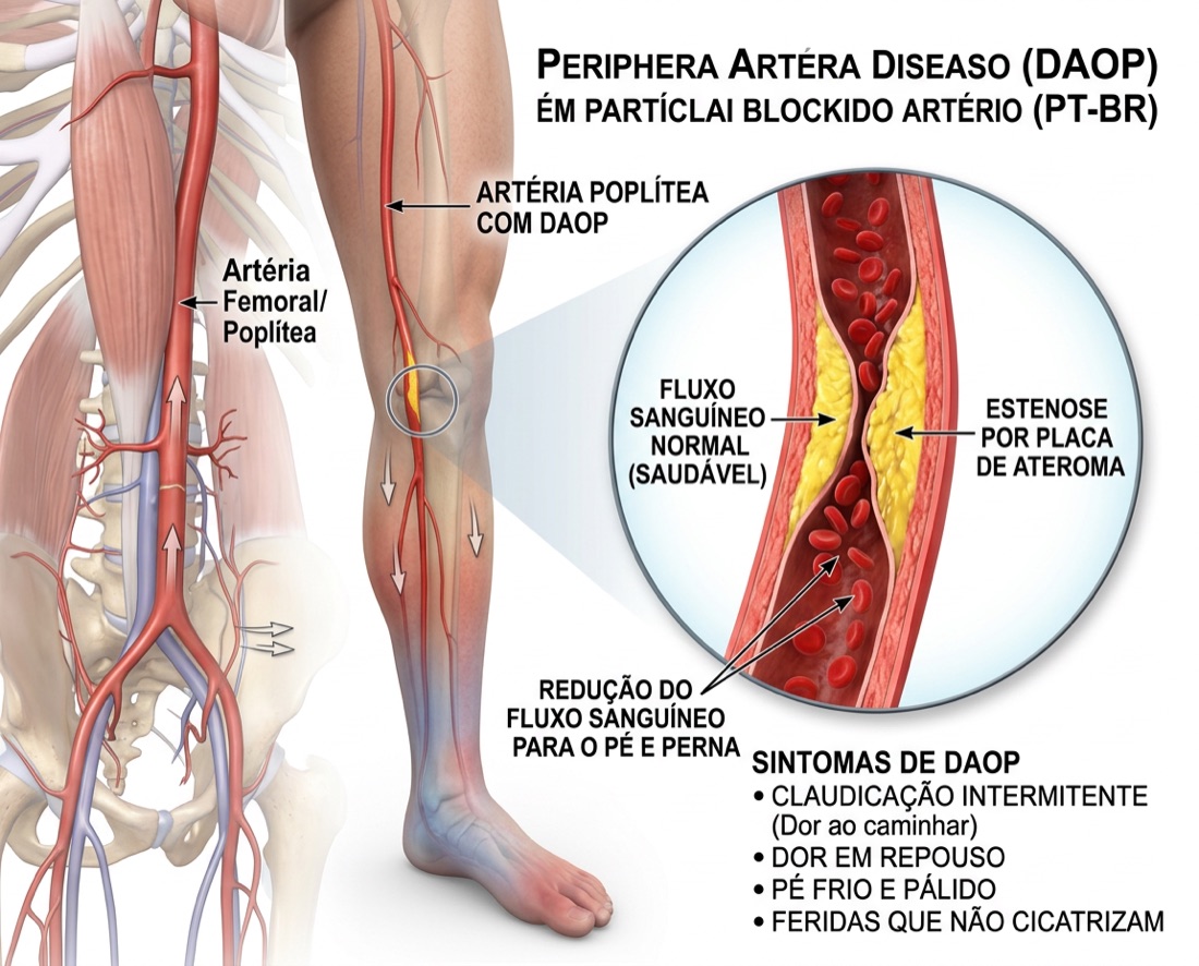 Ilustração da doença arterial periférica (DAOP): artéria obstruída por placa de ateroma e sintomas
