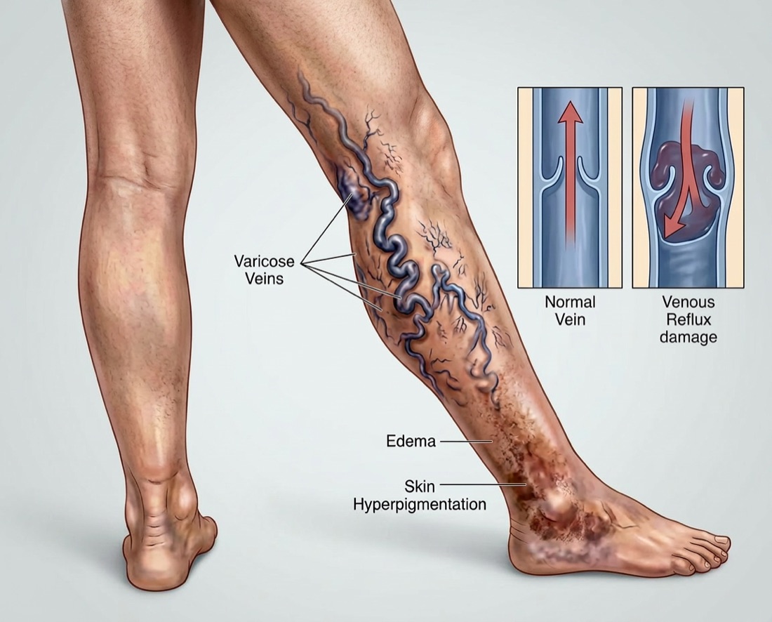 Ilustração de varizes na perna, refluxo venoso, edema e hiperpigmentação da pele