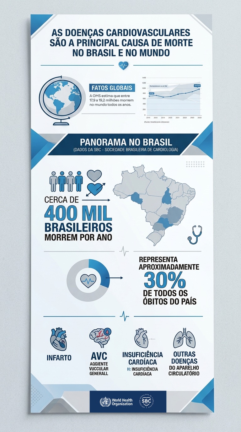 Infográfico: doenças cardiovasculares são a principal causa de morte no Brasil e no mundo, cerca de 400 mil brasileiros morrem por ano, aproximadamente 30% de todos os óbitos do país